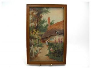 Antique English School Watercolour Painting Cottage Garden Scene Landscape