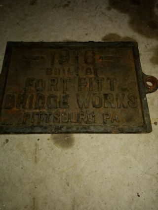 Antique Bridge Plaque Sign Fort Pitt Pittsburg Cast Iron Vintage Metal 1916 RR 3