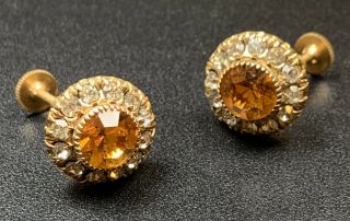Vintage High End Screw Back Earrings Amber & Crystal Paved Rhinestones