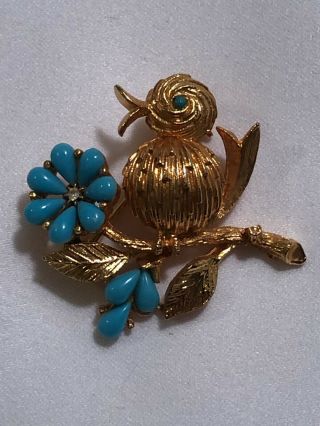 Vintage Mylu Pre Coro Baby Bird Duck Faux Turquoise Pin Signed