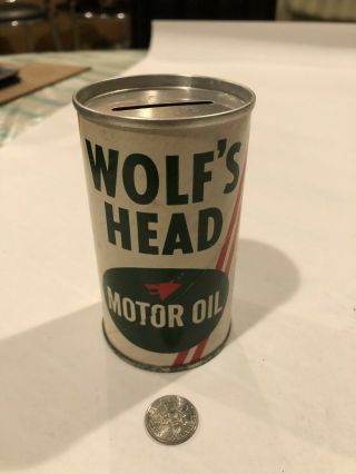 Vintage Wolf’s Head Motor Oil Can Coin Bank Promotional Advertising Piece 2