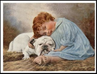 English Bulldog And Little Girl In Blue Dress Vintage Style Dog Art Print Poster