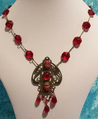 Vintage Art Deco Style Red Czech Glass Egyptian Revival Scarab Pendant Necklace