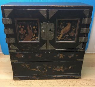 Antique Chinese/japanese Black Laquered Miniature Cabinet With Drawers.
