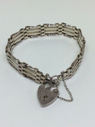 Vintage Sterling Silver 4 Gate Bracelet With Heart Shaped Lock & Safety Chain
