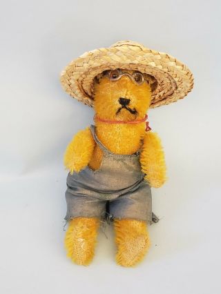 Antique Mohair Teddy Bear 7 " Dressed Glass Eyes Straw Filled Jointed Farmer Bear