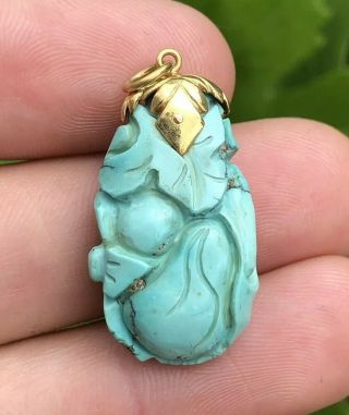 Vintage Old Chinese 14k Yellow Gold Hand Carved Turquoise Melon & Flower Pendant
