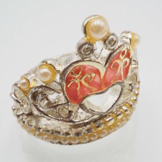 Old Vintage Estate Silver Tone Tiara Crown Faux Pearl Enamel Ring Size 6