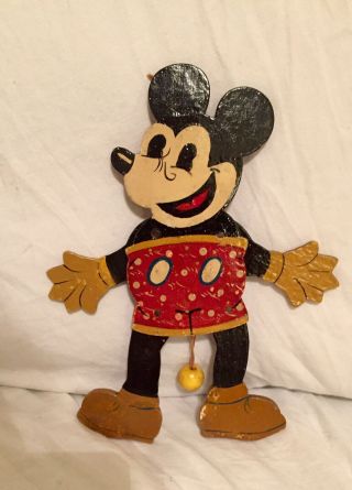 Rare Prewar 1930 China Wooden Mickey Mouse Antique Jumping Puppet Early