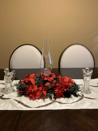 Vintage Christmas Holiday Centerpiece Set Poinsettias And Angel Candle Holders 2