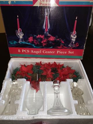 Vintage Christmas Holiday Centerpiece Set Poinsettias And Angel Candle Holders 3