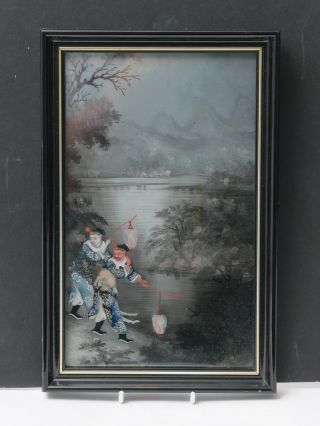 Antique Chinese Reverse Painting On Glass Of Lantern Carries At Moonlit Pool