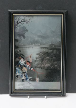 Antique Chinese Reverse Painting on Glass of Lantern Carries at Moonlit Pool 2
