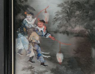 Antique Chinese Reverse Painting on Glass of Lantern Carries at Moonlit Pool 3
