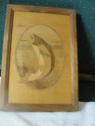 Vintage Hudson River Inlay Nelson Wood Marquetry Trout Picture 9 3/4 " X 6 3/4 "