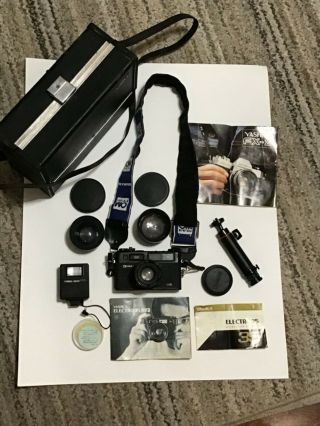 Vtg Yashica 35 Gt Film Camera Kit 3 Lenses Flash,  Strap,  Orig.  Carry Case Books