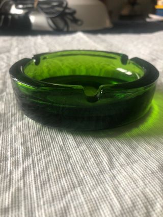 Vintage Heavy Round Thick Green Glass Ashtray 3 - 7/8” Dia X 1 - 1/8” Marked