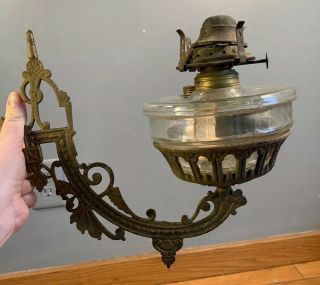 Antique Cast Iron Swing Arm Oil Lamp Sconce Wall Hanger Victorian Ornate Set