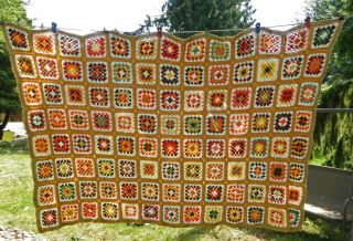 Vintage Granny Square Handmade Crochet Afghan Blanket 60 " X 96 " Autumn Colors