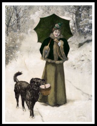 Flat Coated Retriever Lady And Dog Snow Scene Lovely Vintage Style Print Poster