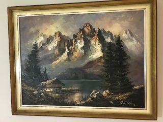 Antique Vtg Oil Painting Mountain Scene Landscape Rustic Lodge Decor