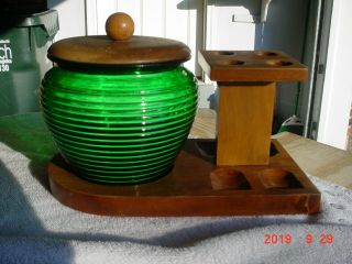 Vintage Green Glass Humidor & Walnut Wood Tobacco Pipe Stand Holder Set Up