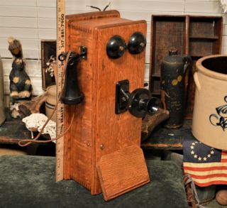 Rare Antique American Electric Telephone Company Oak Wall Crank Telephone