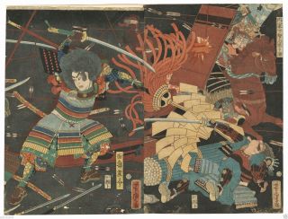 Orig Yoshitora Edo Antique Japanese Woodblock Diptych Print - Samurai Battle