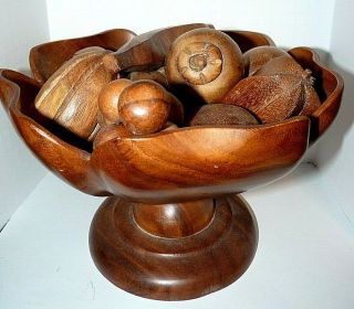 Vintage Monkey Pod Carved Wood 11 Piece Fruit & Bowl Philippines Mcm Midcentury
