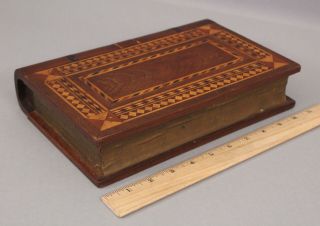 19thc Antique Carved Wood Folk Art Marquetry Inlaid Hidden Box Book,  Nr