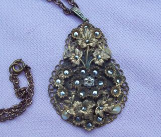 Vintage Antique Art Deco Brass Filigree Marcasite Faux Pearl Necklace Czech ?