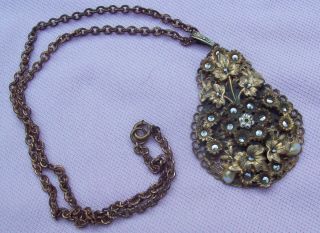 Vintage Antique Art Deco Brass Filigree Marcasite Faux Pearl Necklace Czech ? 2