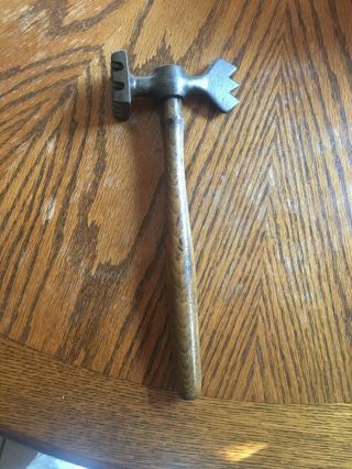 Vtg Cast Iron Meat Tenderizer Axe Hammer Mallet Wood Handle Country Primitive
