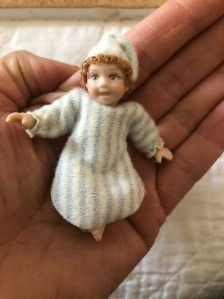 Vintage Porcelain Baby In Blue - Artisan Dollhouse Miniature Signed Rp
