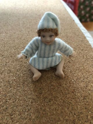 Vintage Porcelain Baby in Blue - Artisan Dollhouse Miniature Signed RP 2