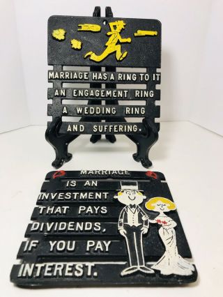 Set Of Two (2) Vintage Trivets / Wall Hangings Funny Marriage Love 50s - 60s
