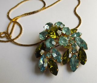 Vintage 60s Apple Green,  Deep Green & Blue Floral Rhinestone Pin Brooch Pendant