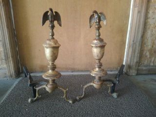 Vintage English Bellows Early 20th Century Federal Style Andirons With Eagles