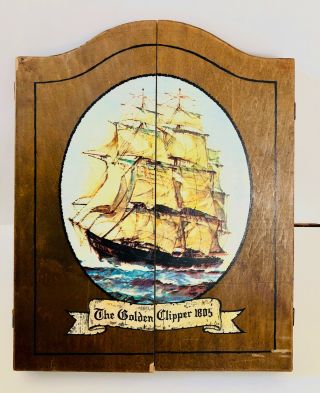 Vintage Wooden Dart Board Cabinet - The Golden Clipper 1805 - Nautical Decor
