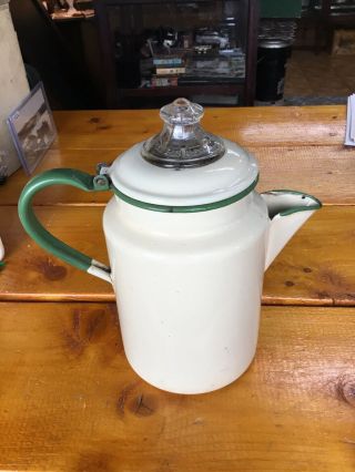 Vintage Green And Cream Enamel Teapot Coffee Pot With Pyrex Glass Percolator Top