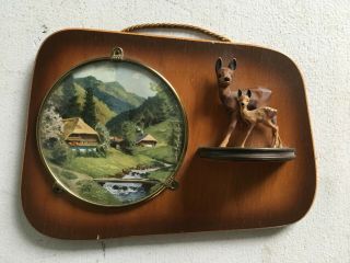 Vintage Erzgebirge Germany Wood Deer Bubble Glass Wall Picture Plaque