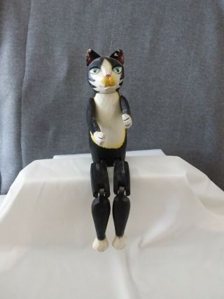 Vintage Wooden Black & White Cat Shelf Sitter Figurine Articulating Legs & Arms