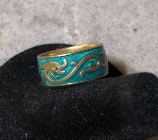 Vintage Chinese Gilt Silver Cloisonné Guilloche Dragon Ring Turquoise Size 5.  5