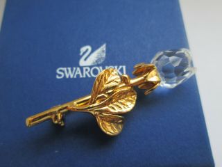 Vintage Signed Swarovski Gold Clear Crystal Glass Single Rose Flower Brooch Pin