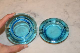 1960s 2 Vintage Aqua Blue Turquoise Glass Ashtrays Mcm Retro Small Round