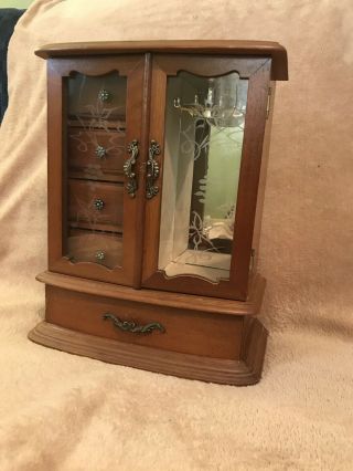 Vintage Closet Style Jewelery Box Music Box With French Etched Glass Doors