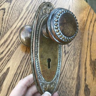Vintage Brass Metal Door Knobs Handle Oval Plate Keyhole Depose 1 Pr Art Nouveau