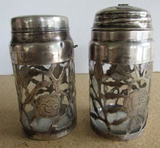 Antique Vintage Sterling Silver Over Glass Condiment Set - Sugar And Jelly Jars
