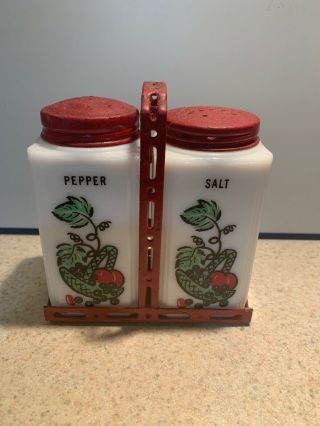 Vintage Depression Glass Salt And Pepper Set With Tops And Holder.