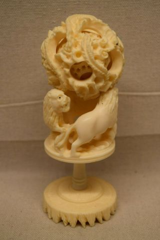 Antique Chinese Puzzle Ball With Lion Stand Carved Bovine Bone Carved & Resin